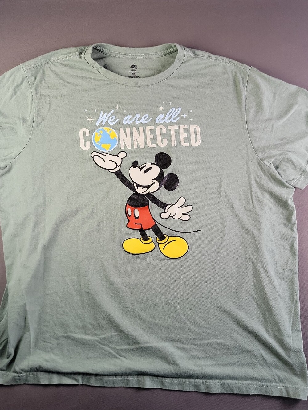 Disney Mickey Mouse "We Are All Connected" Graphic Tee - Light Green Worn Twice